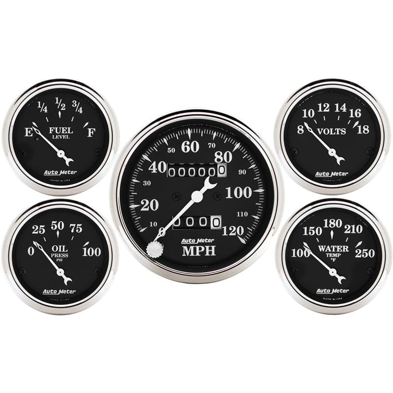 Auto Meter Gauge Kit 5 pc. 3 1/8in & 2 1/16in Mechanical Speedometer Old Tyme Black
