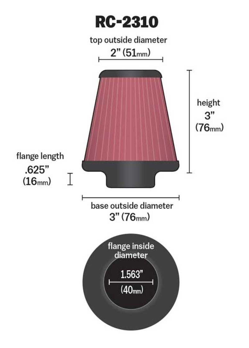 K&N Universal Round Tapered Chrome Filter 1.563in Flange ID x 3in Base OD x 2in Top OD x 3in H thumbnail 2