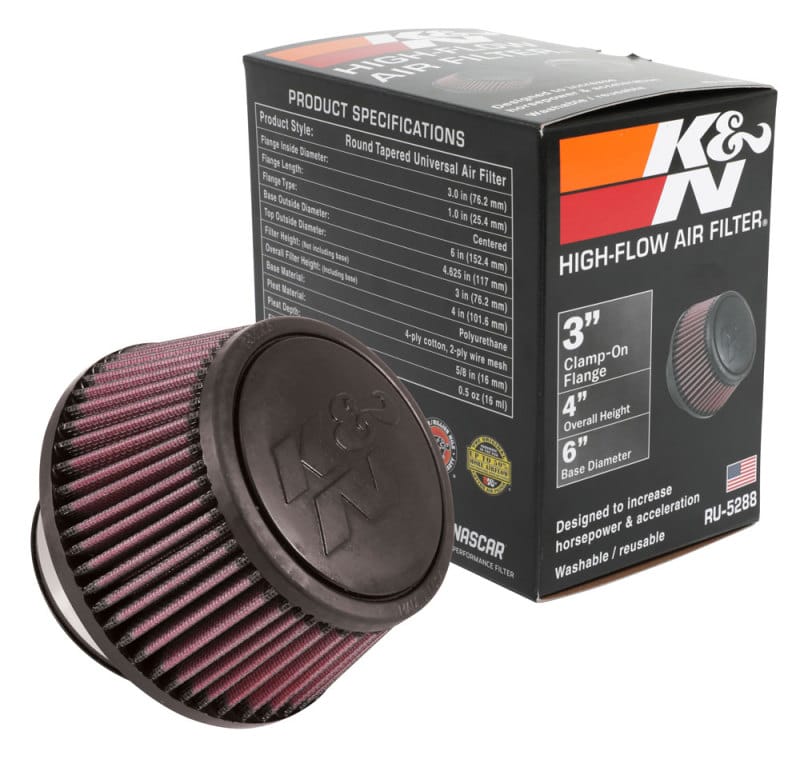 K&N Universal Round Clamp-On Air Filter 3in Flange ID x 6in Base OD x 4.625in Top OD x 3in Height thumbnail 6