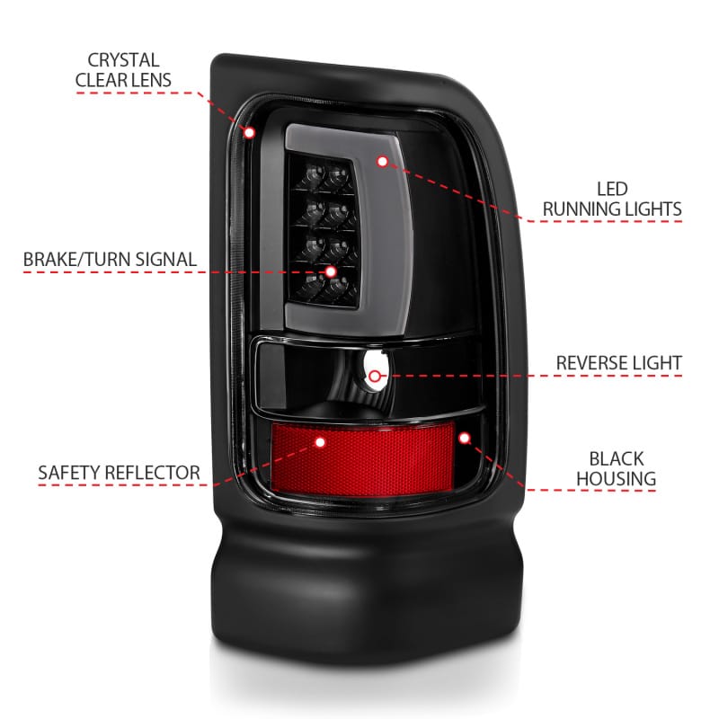 ANZO 1994-2001 Dodge Ram 1500 LED Taillights Plank Style Black w/Clear Lens thumbnail 5