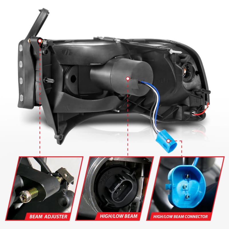 ANZO 94-02 Dodge RAM Crystal Headlight - w/ Light Bar Black Housing thumbnail 6