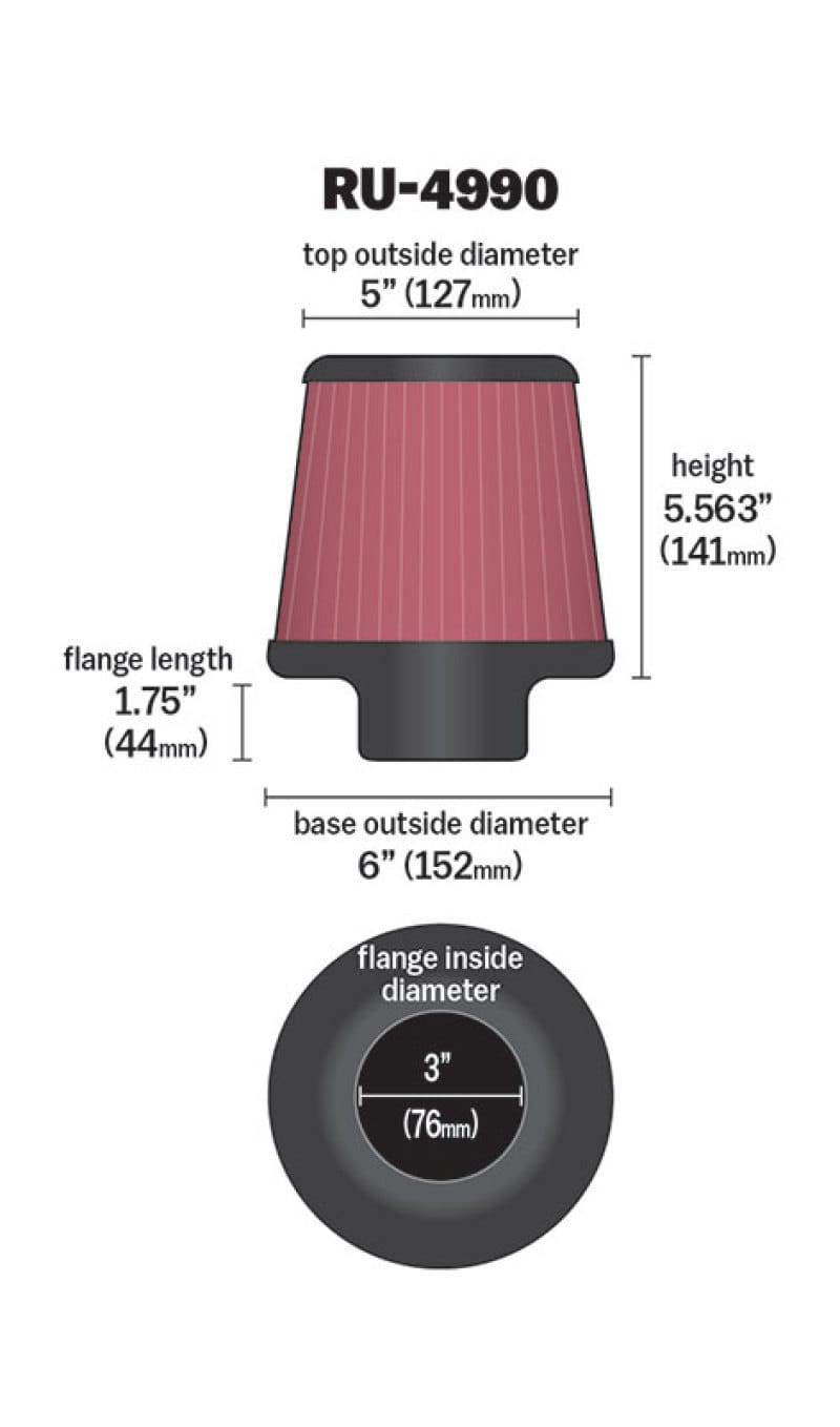 K&N Filter Universal Rubber Filter-Rd Tapered 3in Flange ID x 6in Base OD x 5in Top OD x 5.563in H thumbnail 2