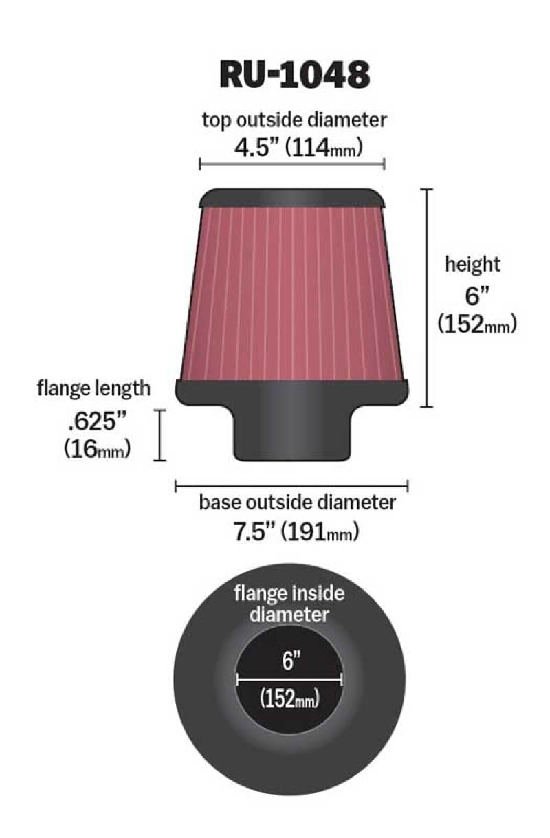 K&N Universal Clamp-On Air Filter 6in Flange / 7-1/2in Base / 4-1/2in Top / 6in Height - RU-1048 thumbnail 3