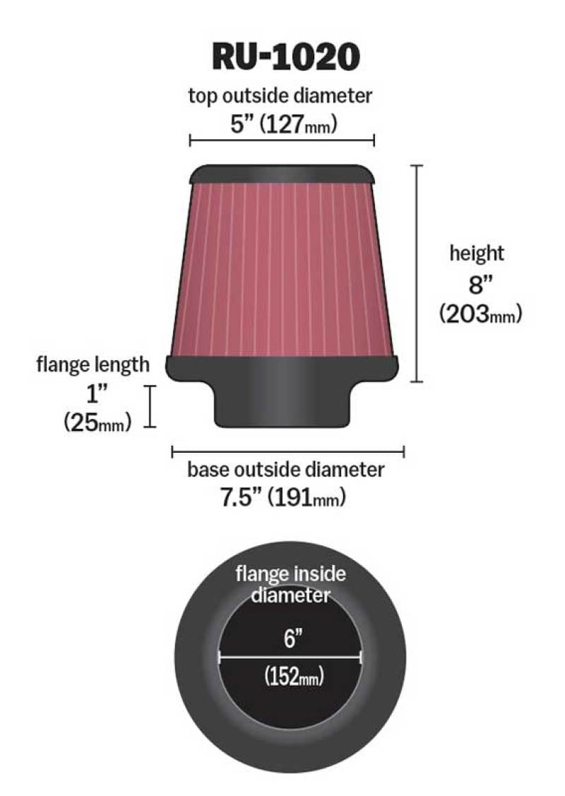 K&N Universal Tapered Filter 6in Flange ID x 7.5in Base OD x 5in Top OD x 8in Height thumbnail 2