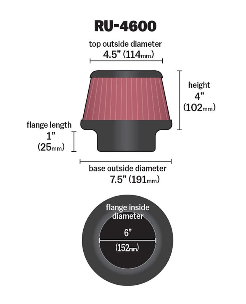 K&N Filter 6 inch Flange 7.5 inch Base 4.5 Top 4 inch Height thumbnail 2