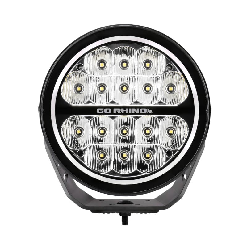 Go Rhino Xplor Blackout Series Round LED Driving Light w/DRL (Surface/Threaded Stud Mnt) 7in. - Blk