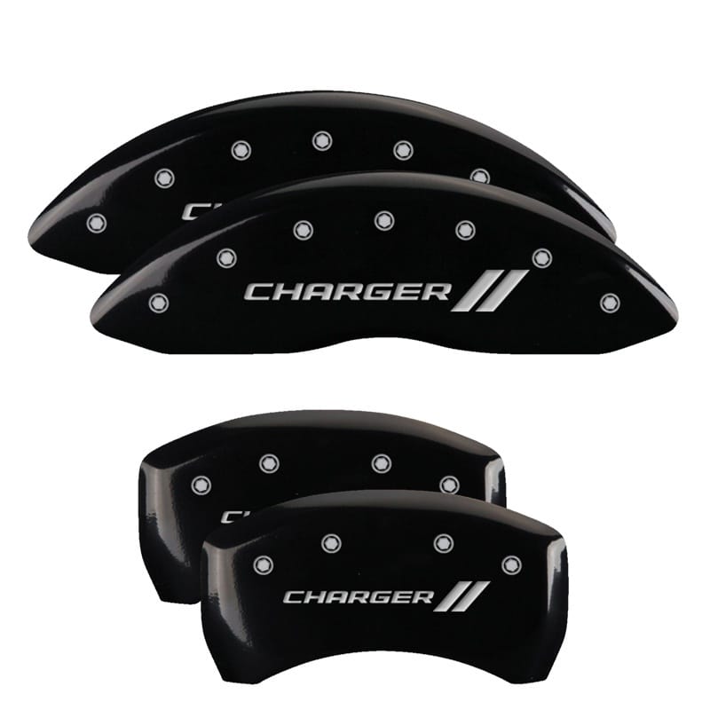 MGP 4 Caliper Covers Engraved Front & Rear With stripes/Charger Black finish silver ch - 12181SCH1BK
