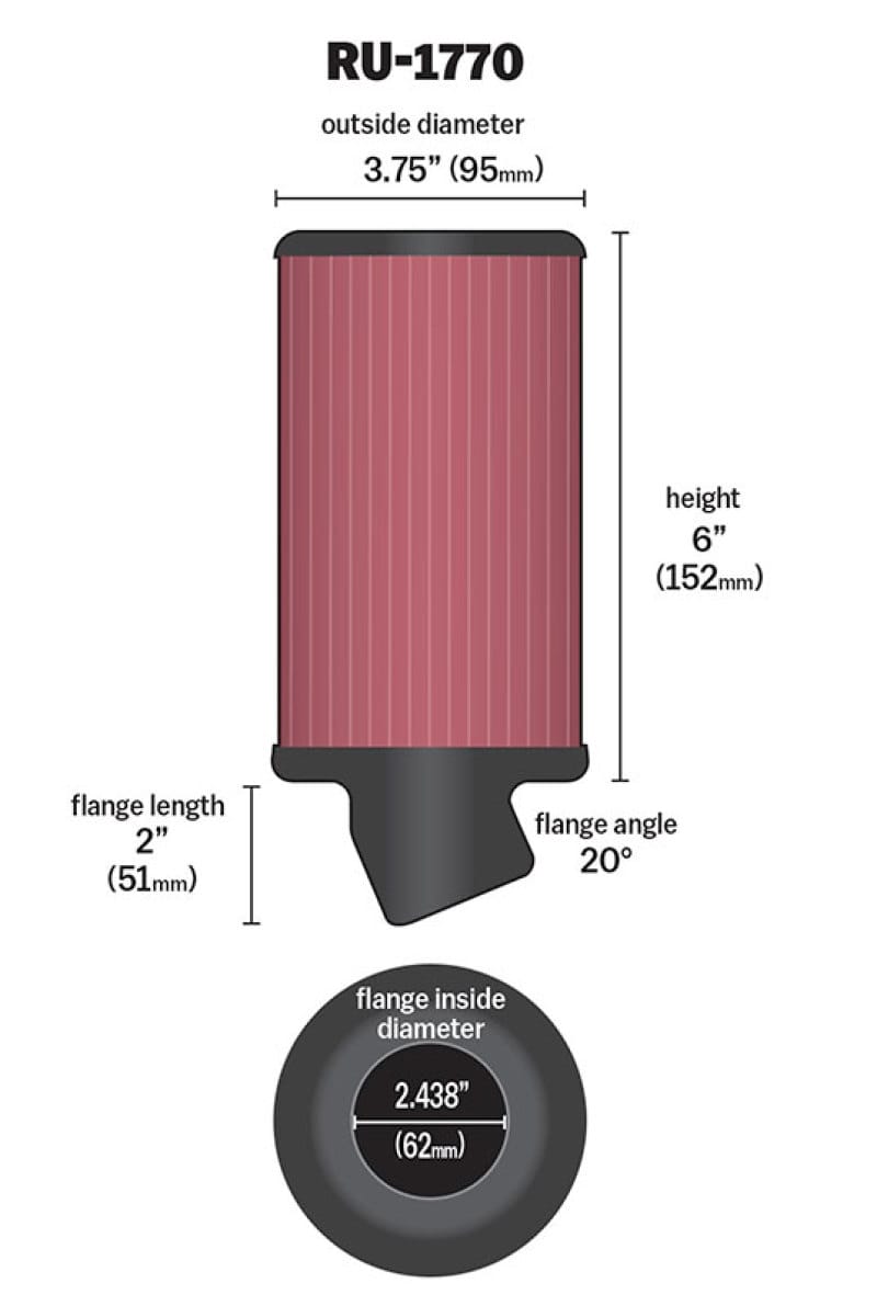 K&N Filter Universal Rubber Filter 2 7/16 inch 20 Degree Flange 3 3/4 inch OD 6 inch Height thumbnail 2
