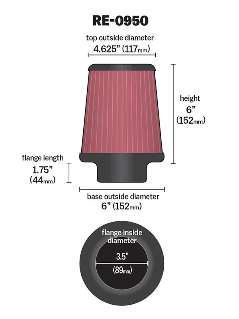 K&N Universal Rubber Filter 3 1/2inch ID FLG / 6inch Base / 4-5/8inch Top / 6inch Height thumbnail 5