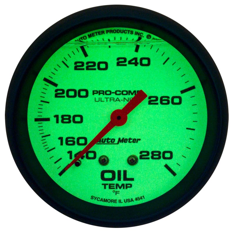 AutoMeter Gauge Oil Temp 2-5/8in. 140-280 Deg. F Liquid Filled Mech Glow In Dark Ultra-Nite thumbnail 2