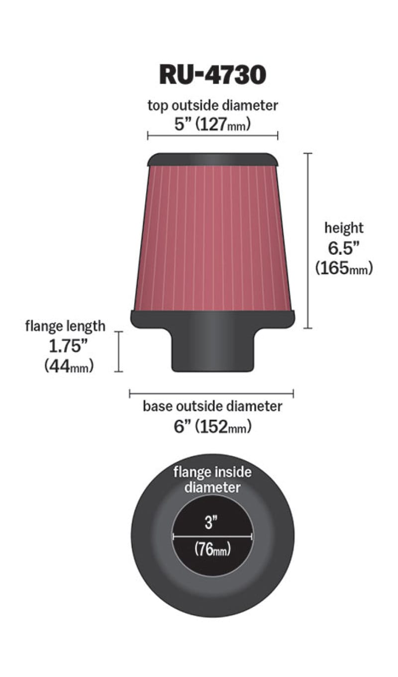 K&N Filter 3 inch Flange 6 inch Base 5 Top 6 1/2 inch Height thumbnail 2