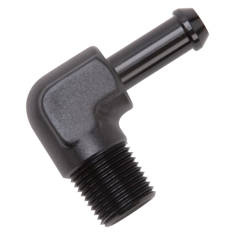 Edelbrock Hose End 90-Deg 3/8In NPT to 3/8In Barb Black Anodize thumbnail 3