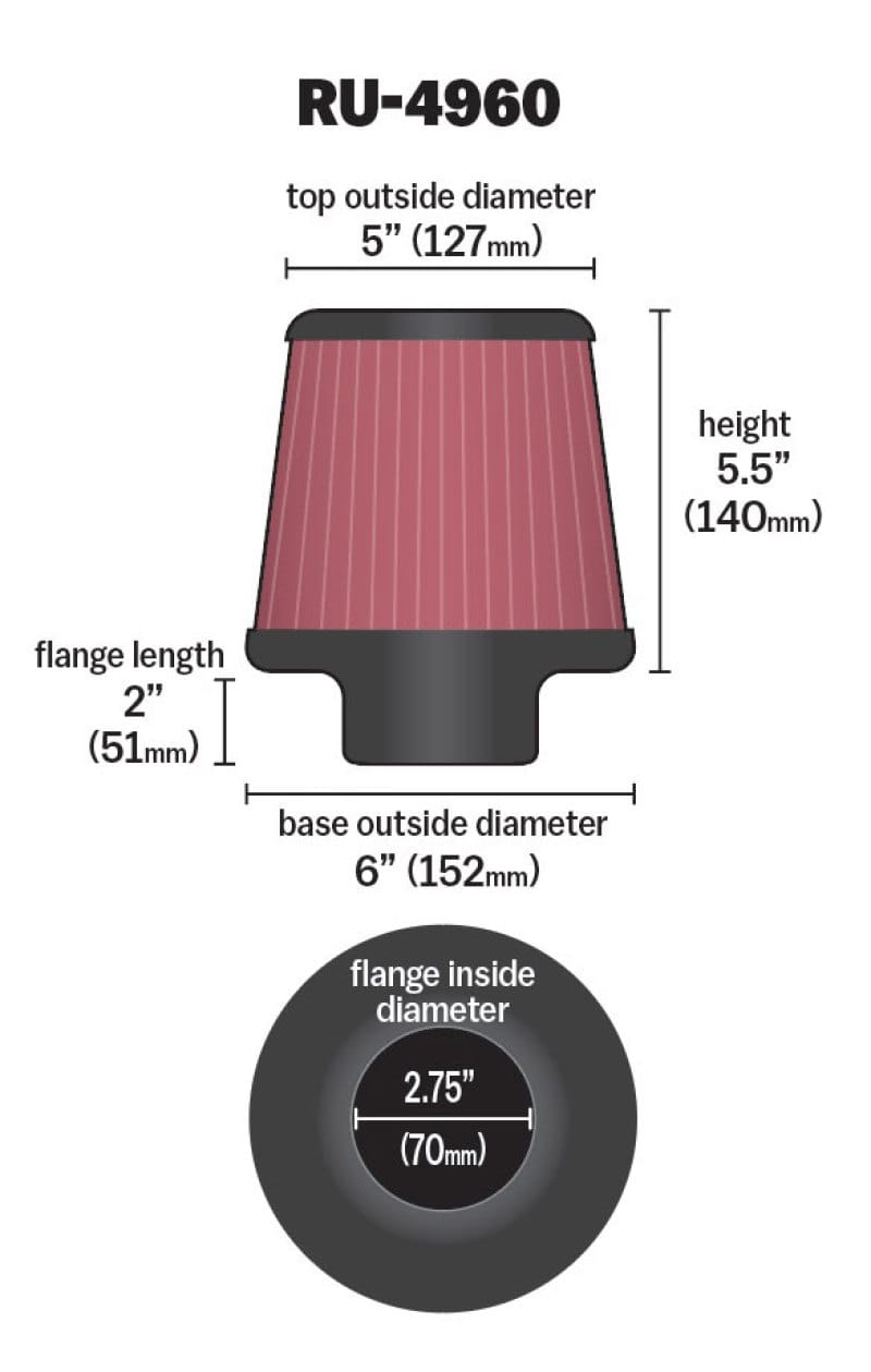 K&N Filter Universal Rubber Filter 2 3/4 inch Flange 6 inch Base 5 inch Top 5 1/2 inch Height thumbnail 4