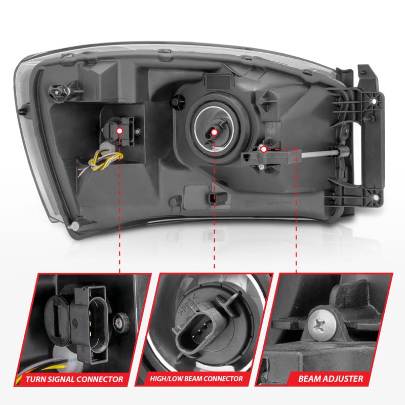 ANZO 06-09 Dodge RAM 1500/2500/3500 Headlights Black Housing/Clear Lens (w/Switchback Light Bars) thumbnail 6