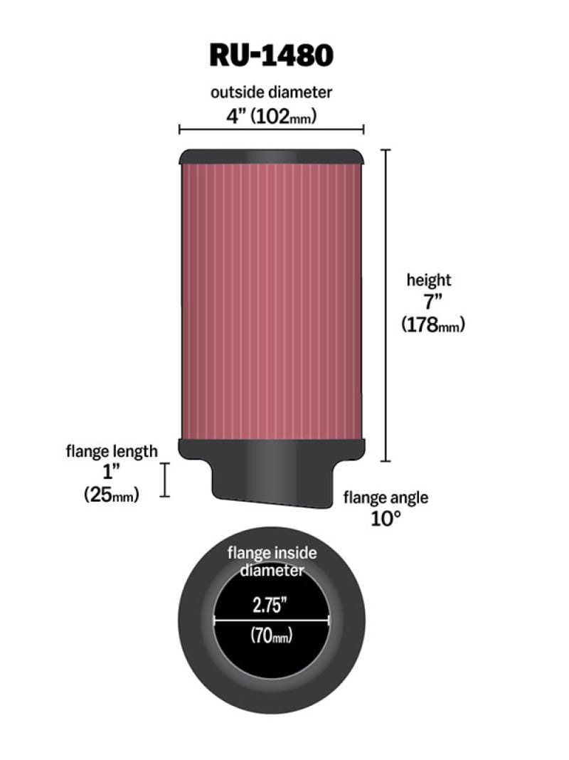 K&N Filter Universal Rubber Filter 10 Degree Flange Angle 4in OD x 2.75in Flange ID x 7in H thumbnail 2