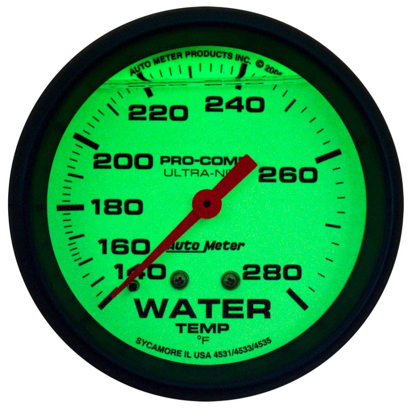 AutoMeter Gauge Wtemp 2-5/8in. 140-280 Deg. F Liq Filled Mech 4ft. Glow In Dark Ultra-Nite thumbnail 2