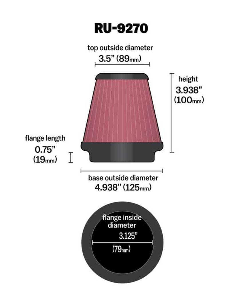 K&N Universal Tapered Filter 3-1/8in Flange IDx4-15/16in Base OD x 3-1/2in Top OD x 3-15/16in Height thumbnail 3