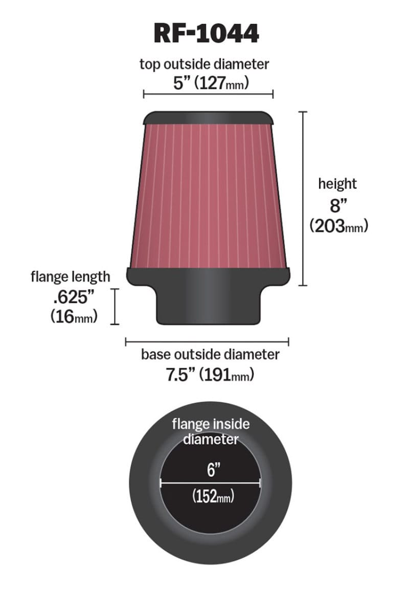 K&N Round Tapered Universal Air Filter 6 inch Flange 7.5 inch Base 5 inch Top 8 inch Height thumbnail 2