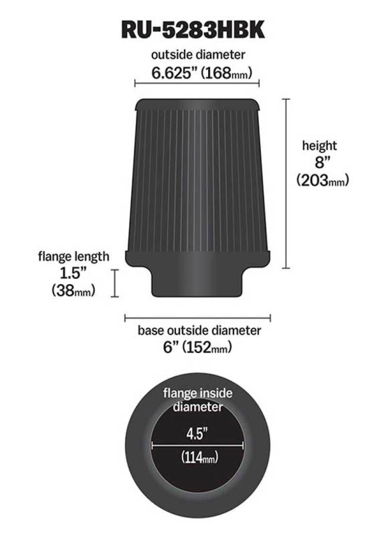 K&N Universal Rubber Filter-Round Tapered 4.5in Flange ID x 8in Base OD x 6.625in Top OD x 8in H thumbnail 4