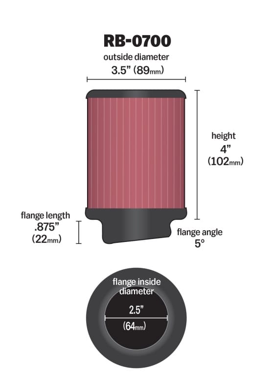 K&N Universal Rubber Filter 2.5 inch 5 Degree FLG 3.5 inch OD 4 inch Height thumbnail 3