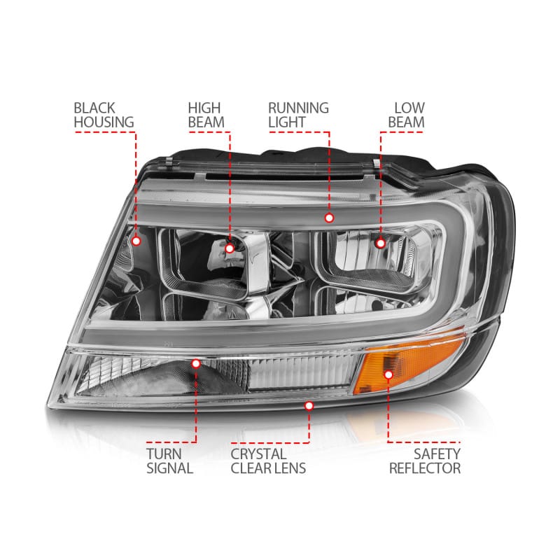ANZO 1999-2004 Jeep Grand Cherokee Crystal Headlights w/ Light Bar Chrome Housing thumbnail 5