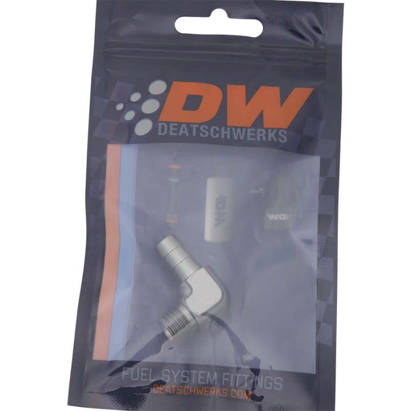 DeatschWerks Metric M12 to 3/8in Hose Barb 90-Degree Fitting w/ Venturi Port - Anodized DW Titanium thumbnail 2