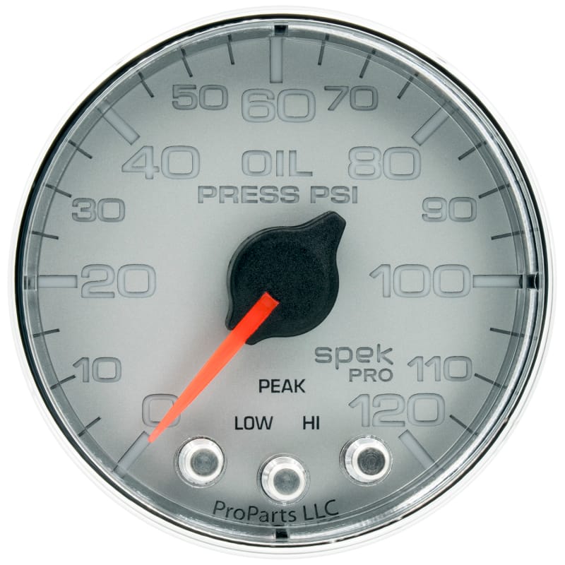 Autometer Spek-Pro Gauge Oil Press 2 1/16in 120psi Stepper Motor W/Peak & Warn Slvr/Chrm - P325218