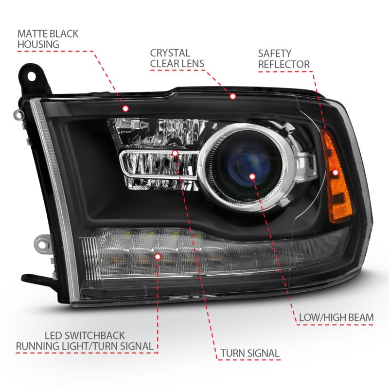 ANZO 2009-2018 Dodge Ram 1500 Projector Headlights Plank Style Halo w/Switchback Matte Black thumbnail 5