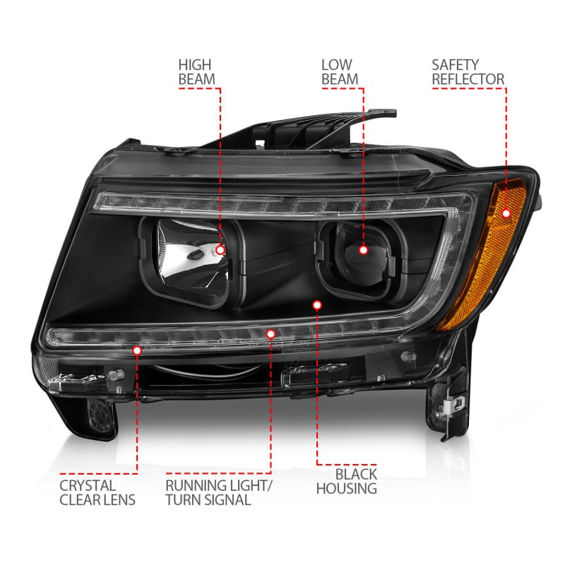 ANZO 11-13 Jeep Grand Cherokee (Factory Halogen Only) Projector Headlights w/Light Bar Swtchbk Black thumbnail 5