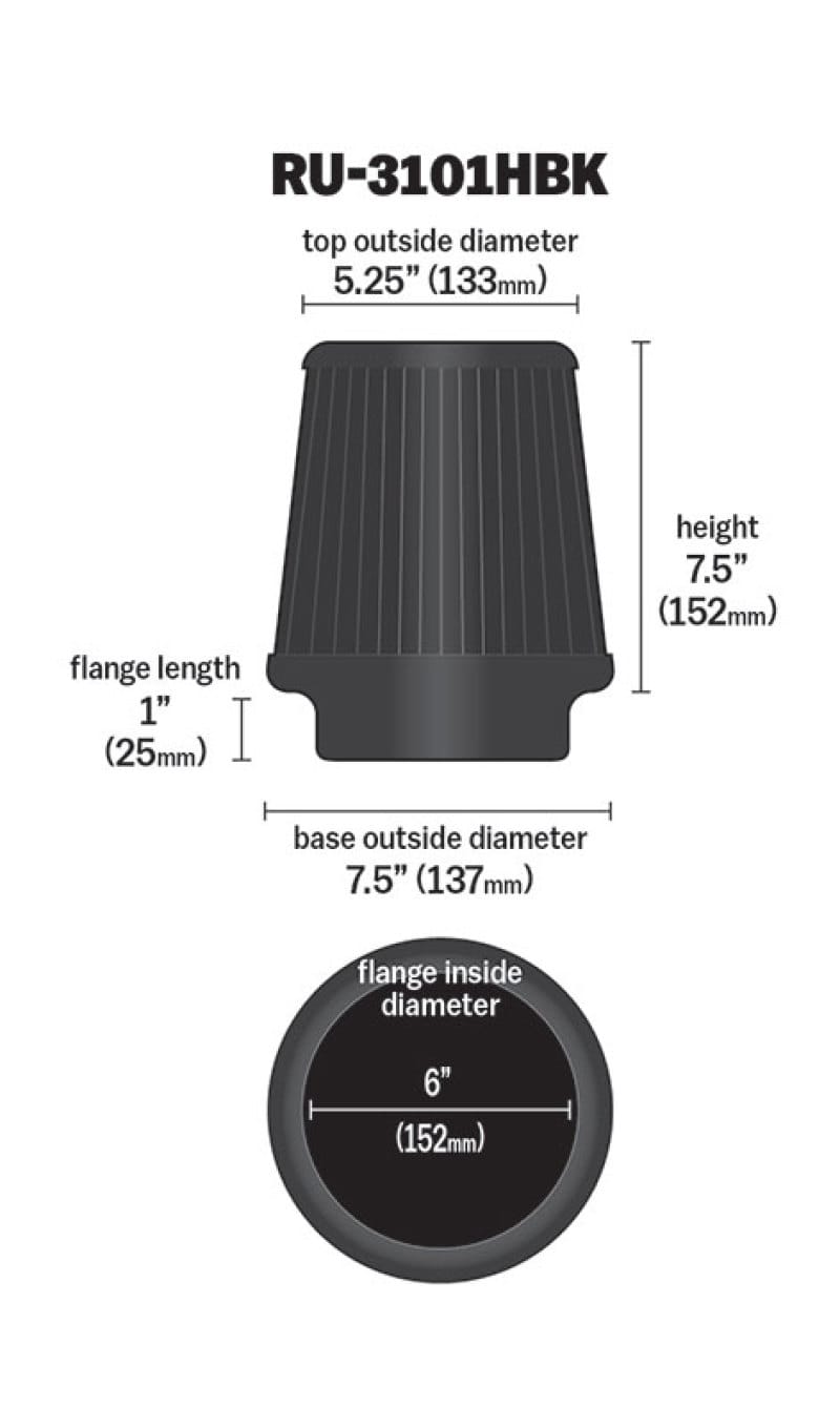 K&N Universal Rubber Filter Round Tapered 6in Flange ID x 7.5in Base OD x 5.25in Top OD x 8in Height thumbnail 3