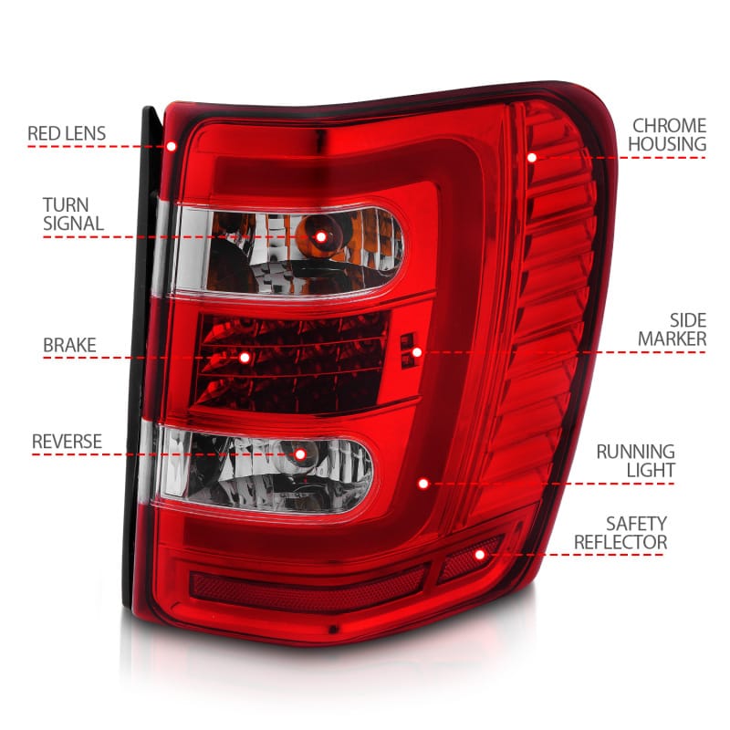 ANZO 1999-2004 Jeep Grand Cherokee LED Tail Lights w/ Light Bar Chrome Housing Red/Clear Lens thumbnail 5