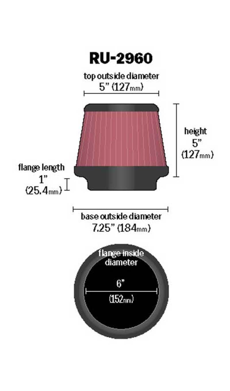 K&N Universal Tapered Filter 6in Flange ID x 7.5in Base OD x 5in Top OD x 5in Height thumbnail 3