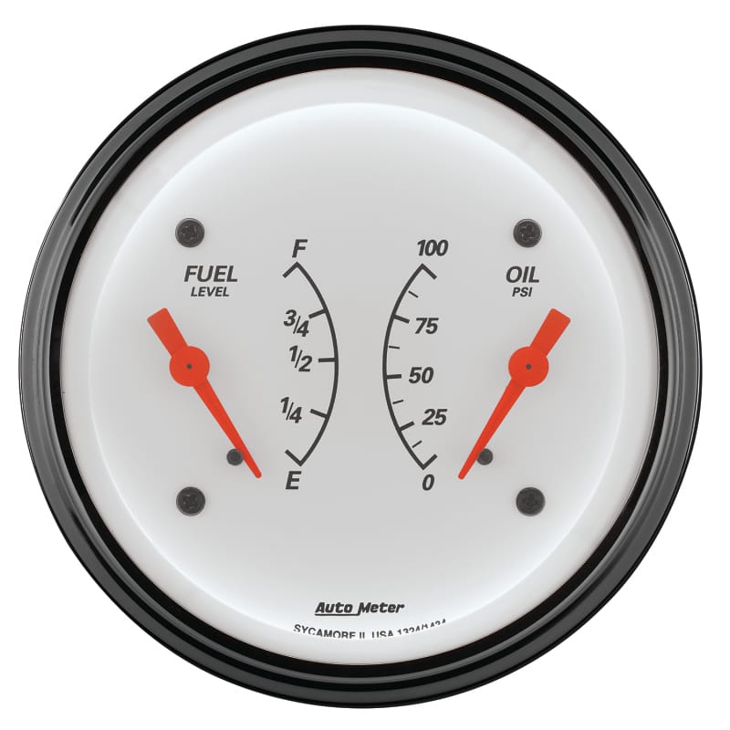 AutoMeter Gauge Dual Fuel & Oilp 3-3/8in. 240 Ohm(e) to 33 Ohm(f) & 100PSI Elec Arctic White thumbnail 2
