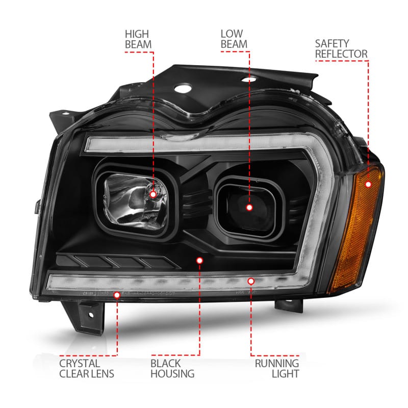ANZO 2005-2007 Jeep Grand Cherokee Projector Headlights w/ Light Bar Switchback Black Housing thumbnail 5