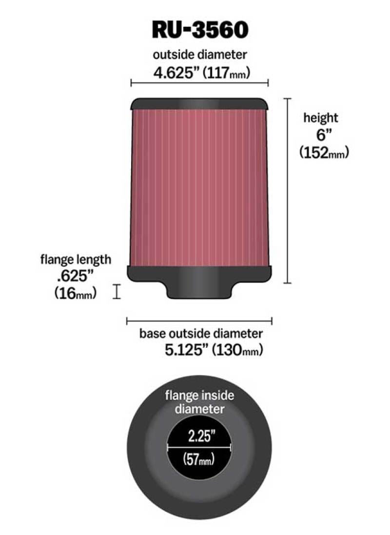 K&N Universal Rubber Filter 2-1/4in FLG x 5-1/8in Base x 4-5/8in Top x 6in Height thumbnail 2