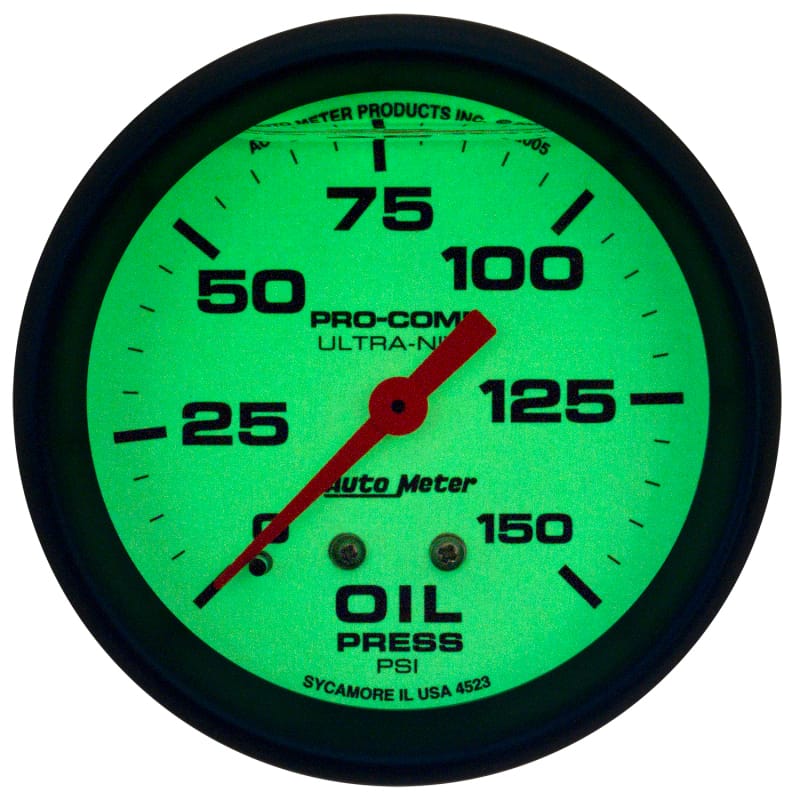 Autometer Ultra-Nite 2-5/8in 0-150 PSI Liquid Filled Mechanical Glow In Dark Oil Pressure Gauge thumbnail 2