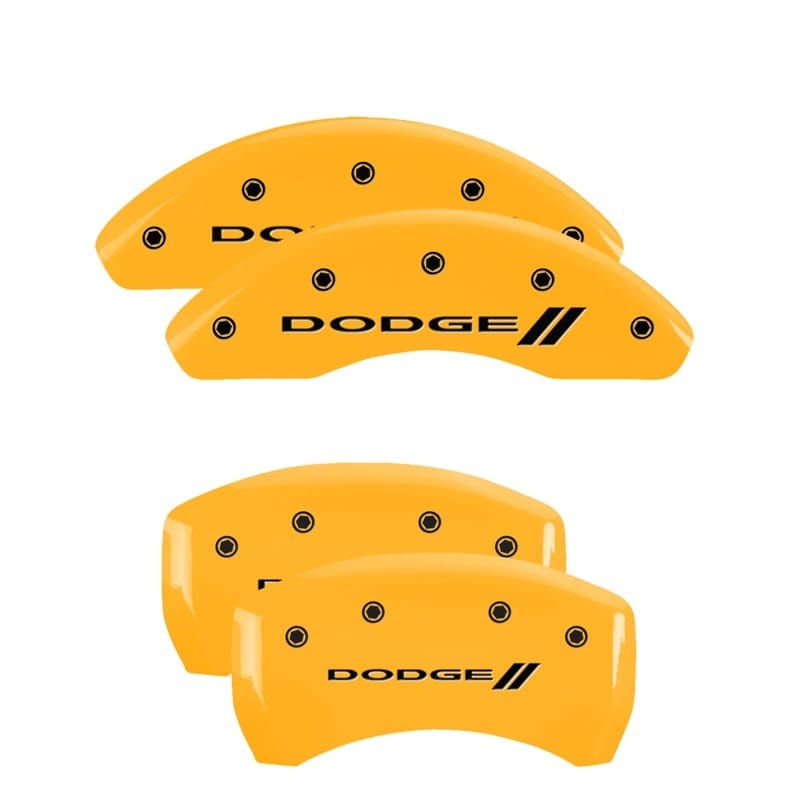 MGP 4 Caliper Covers Engraved Front & Rear With stripes/Dodge Yellow finish black ch - 12199SDD3YL