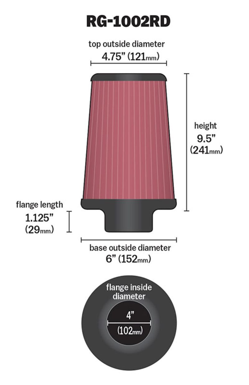 K&N Universal Air Filter Chrome Round Tapered Red - 4in Flange ID x 1.125in Flange Length x 9.5in H thumbnail 4