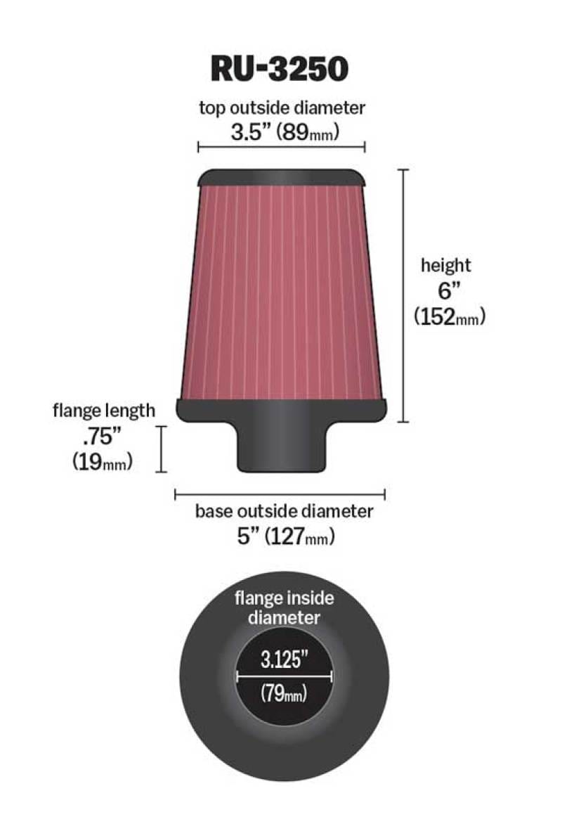 K&N Universal Tapered Filter 3.125in Flange ID x 5in Base OD x 3.5in Top OD x 6in Height thumbnail 3