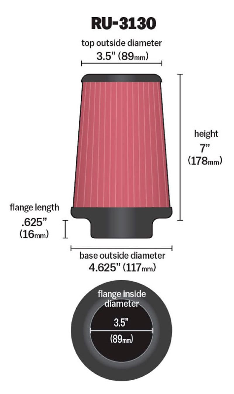 K&N Filter Universal Rubber Filter 3 1/2 inch Flange 4 5/8 inch Base 3 1/2 inch Top 7 inch Height thumbnail 5