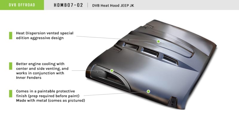 DV8 Offroad 07-18 Jeep Wrangler JK Metal Heat Dispersion Hood - Primer Black thumbnail 2