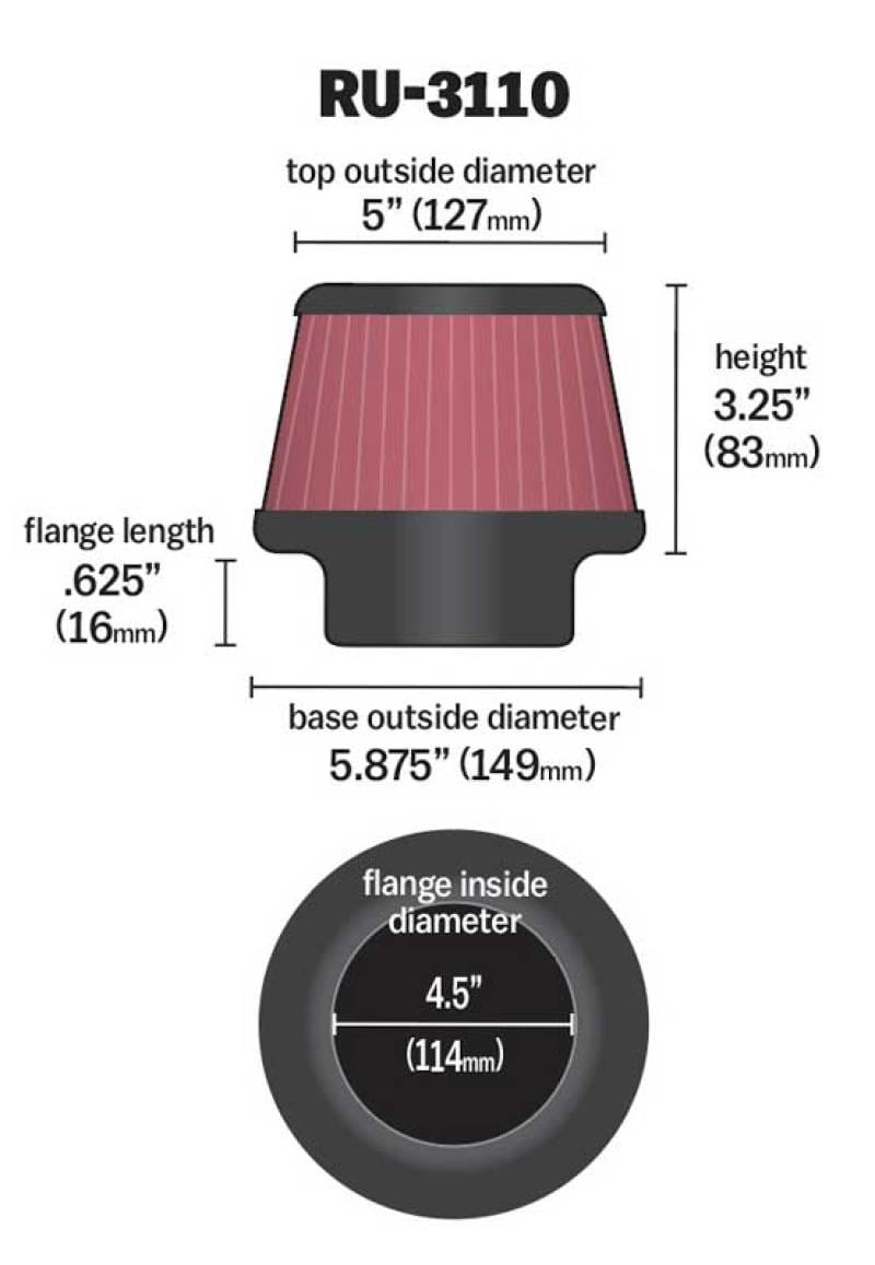 K&N Universal Rubber Filter Round Tapered 4.5in Flange ID x 5.875 Base OD x 5in Top OD x 3.25in H thumbnail 2