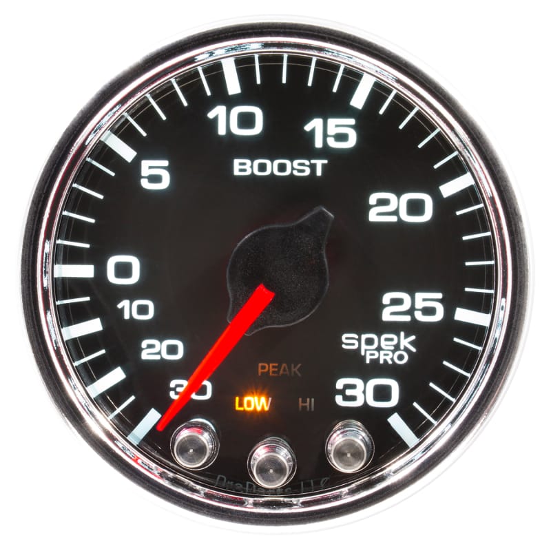 Autometer Spek-Pro Gauge Vac/Boost 2 1/16in 30Inhg-30psi Stepper Motor W/Peak & Warn Black/Chrome - P30231 thumbnail 3