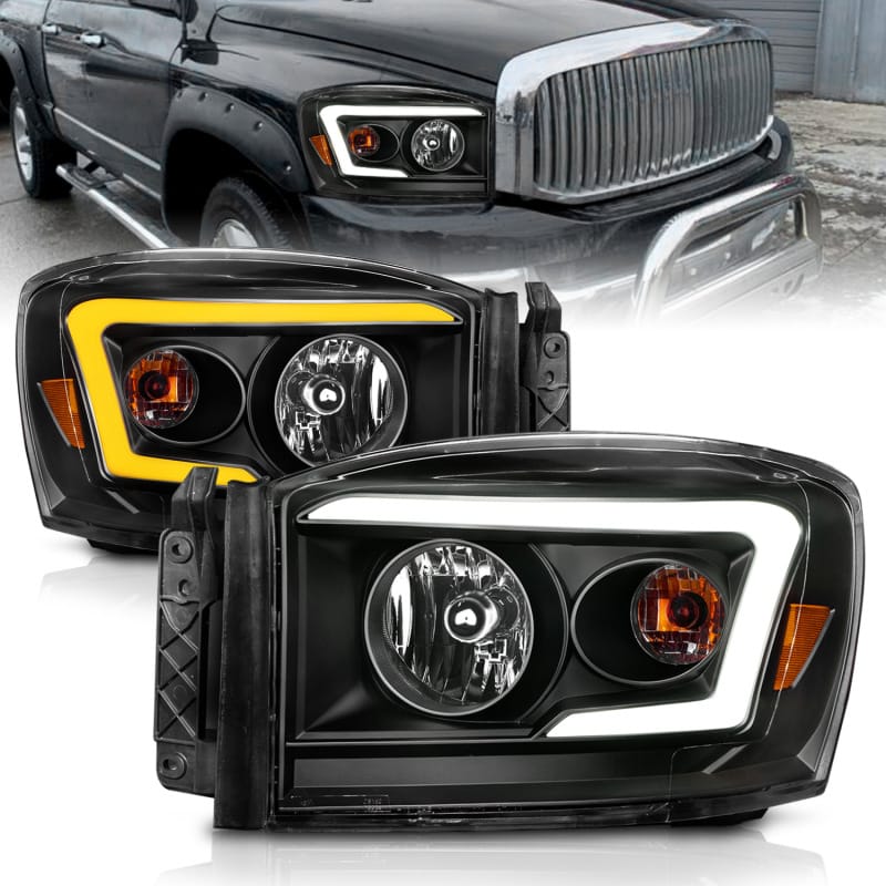 ANZO 06-09 Dodge RAM 1500/2500/3500 Headlights Black Housing/Clear Lens (w/Switchback Light Bars)