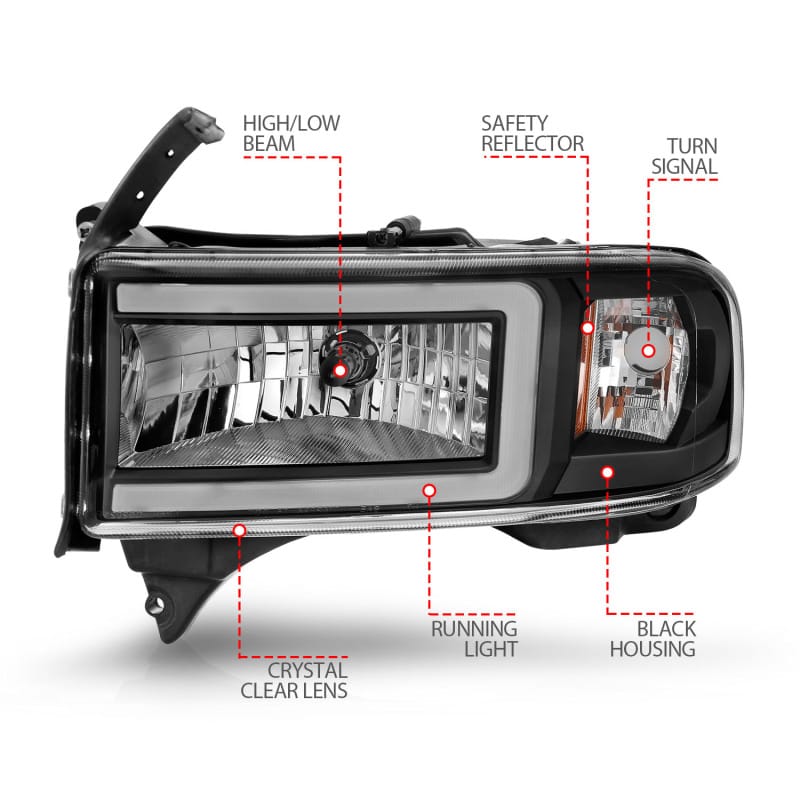 ANZO 94-02 Dodge RAM Crystal Headlight - w/ Light Bar Black Housing thumbnail 5
