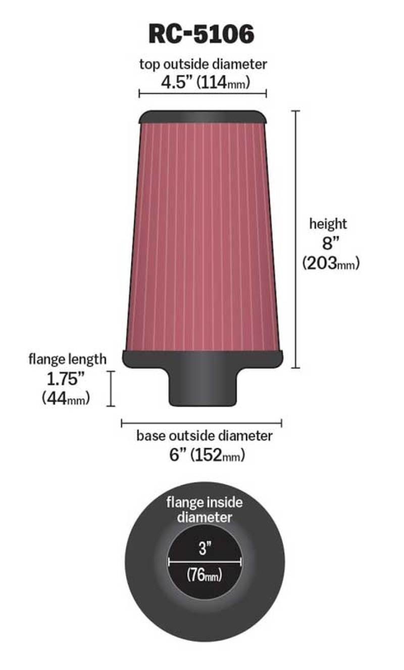 K&N Universal Chrome Round Tapered Air Filter 3in FlangeID / 6in Base OD / 4.5in Top OD / 8in Height thumbnail 2