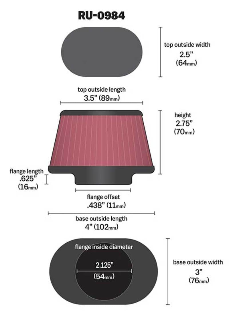 K&N Universal Rubber Filter 2.125in Flange ID/3in x 4in Tapered Oval/2.75in Height (4 Filters) thumbnail 2