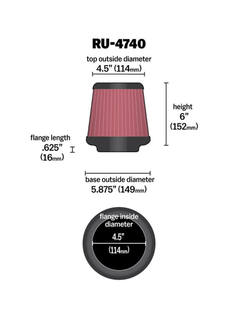 K&N Filter Universal Rubber Filter Round Tapered 4.5in  Flange 5.875in Base 4.5 inch Top 6in  Height thumbnail 2