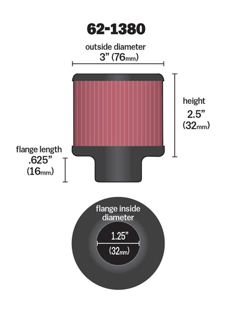 K&N 1.25in Flange ID x 3in OD x 2.5 inch H Rubber Base Crankcase Vent Filter thumbnail 2