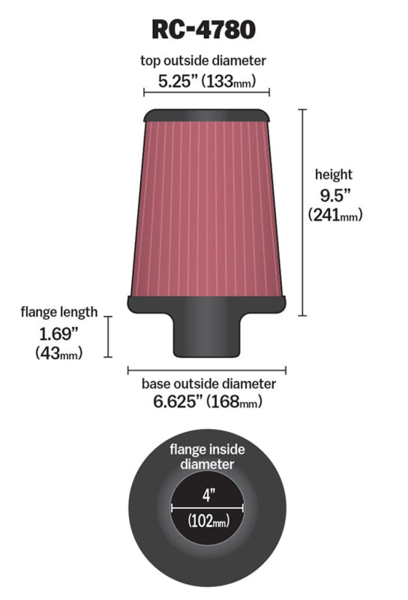 K&N Universal Filter Round Tapered 4in FlangeID / 6.625in Base OD / 5.25in Top OD / 9.5in Height thumbnail 4